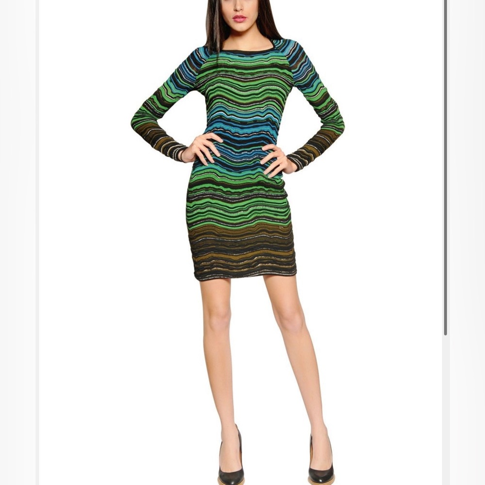 MISSONI long sleeve wave knit dress blue green and black